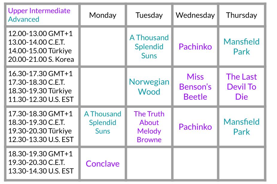 Timetable of current English book clubs