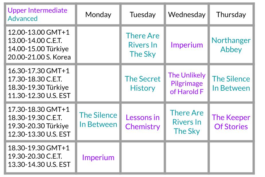 Timetable of current English book clubs