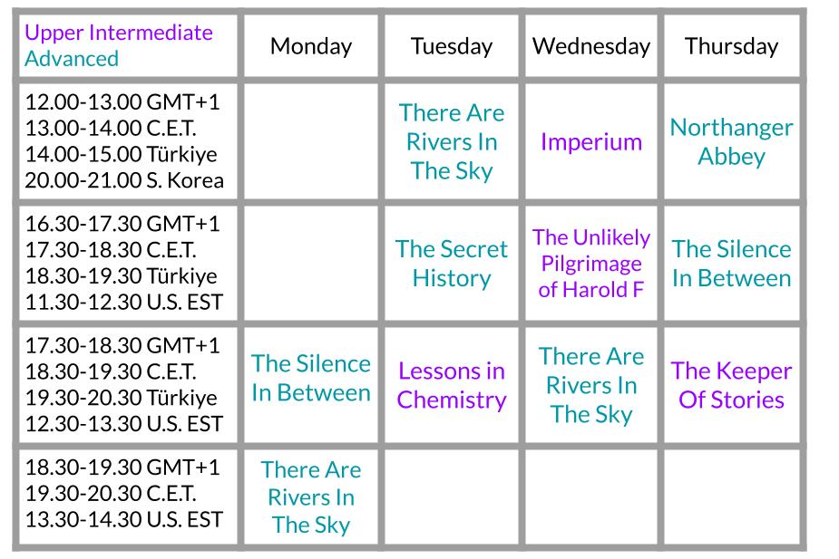 Timetable of current English book clubs
