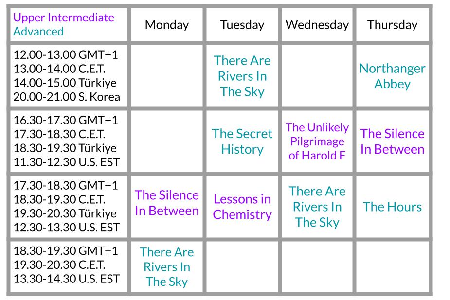 Timetable of current English book clubs